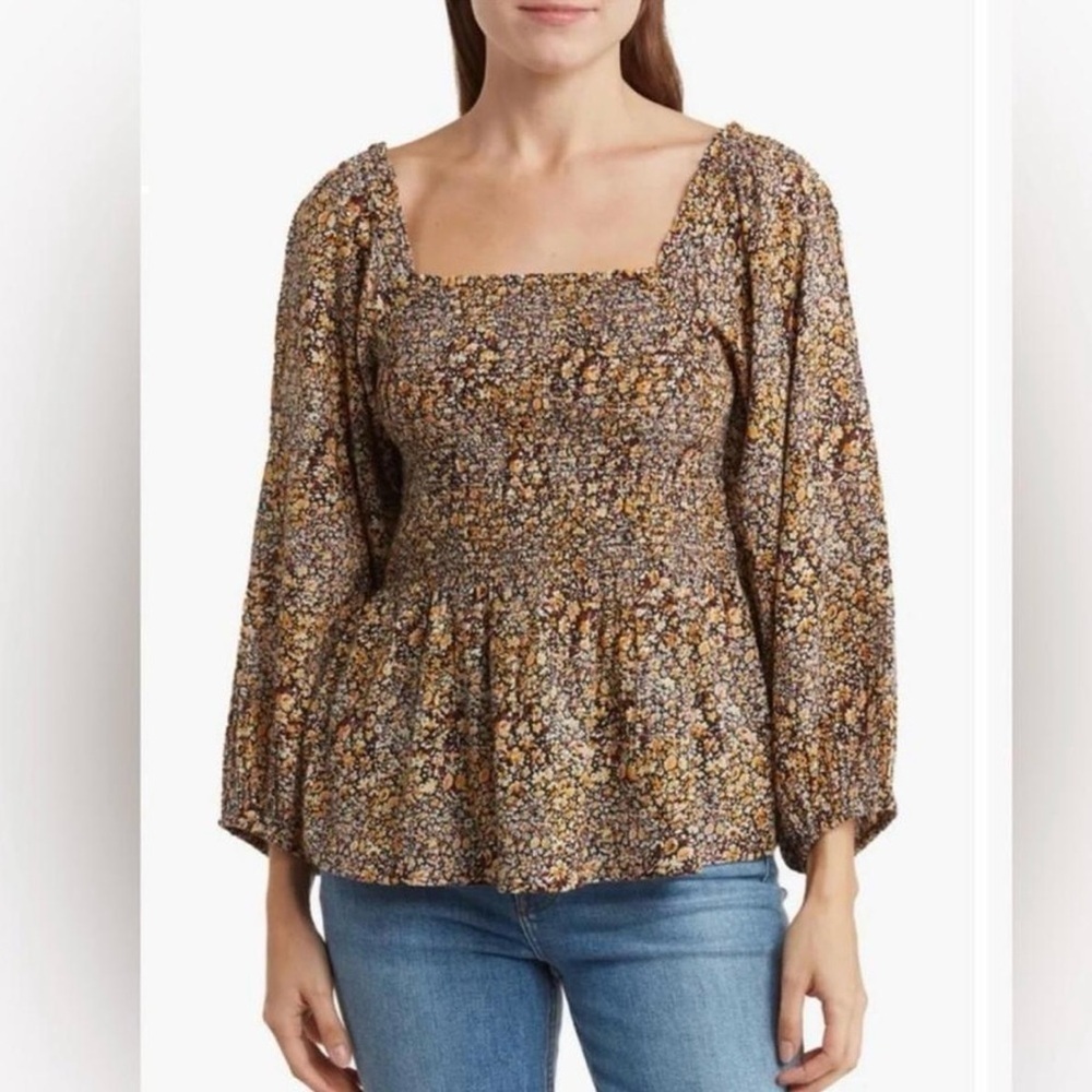 Madewell Women's Lucie Smocked Peplum Square Neck Top Black Floral Sz 2 NEW